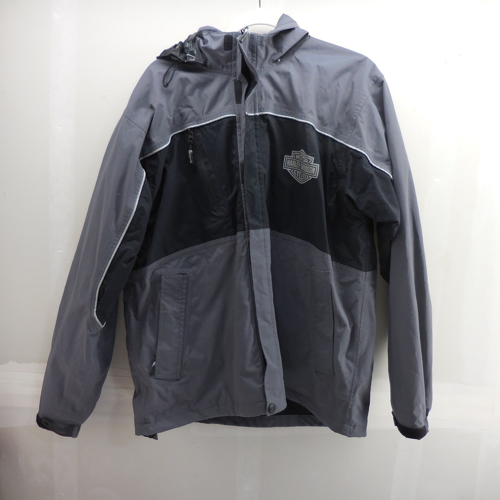 VTG Harley-Davidson Mens Grey Black Windbreaker Hooded Jacket 97059-07VX Size L